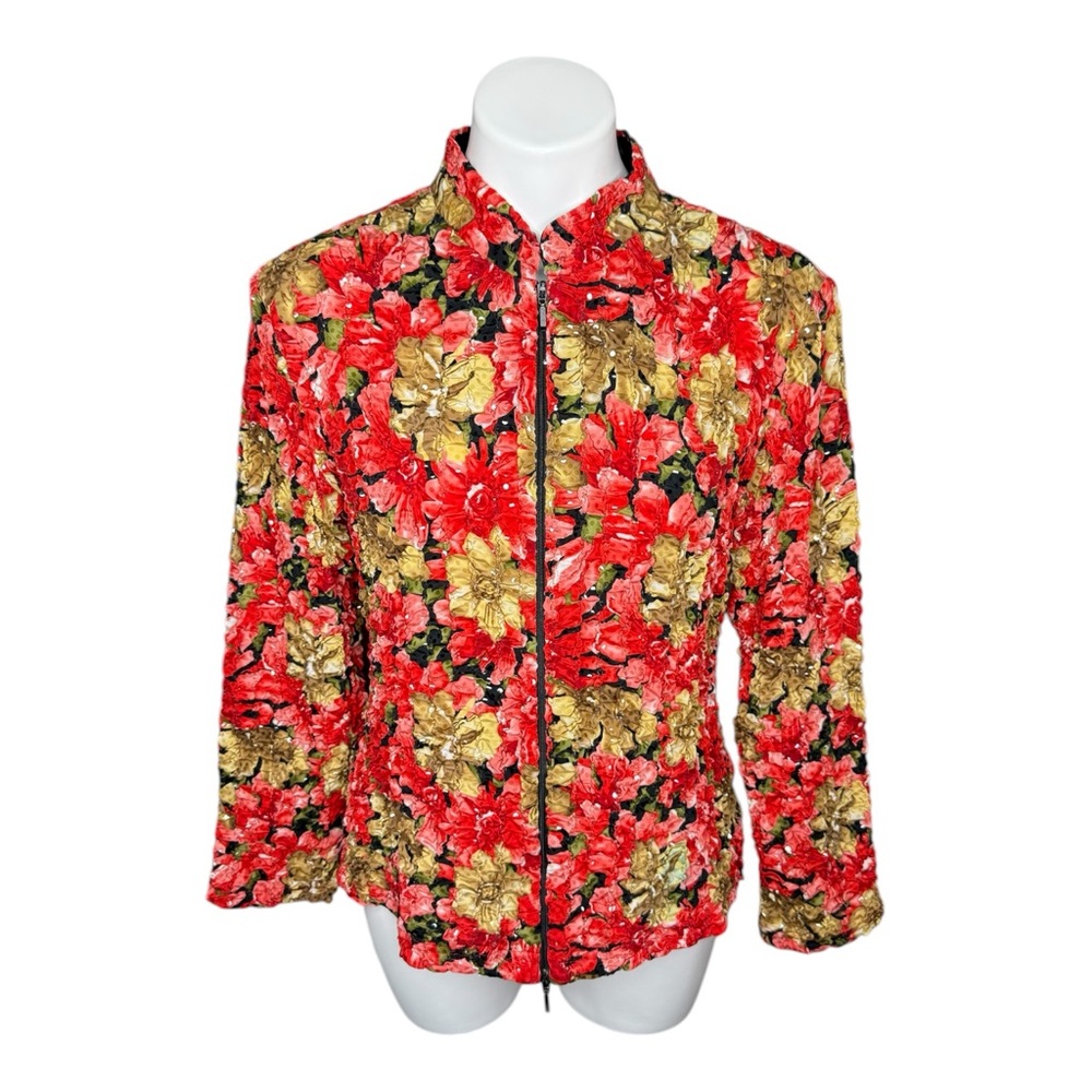 Y2K Cartise Red Gold Floral Sequin Ruched Jacket Mandarin Collar Size 14